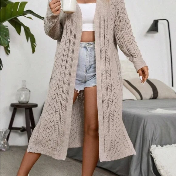 Beige Cable Knit Long Cardigan Sweater - Picture 2 of 4
